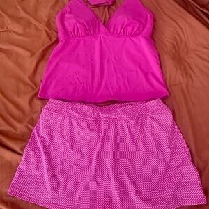 LAND’S END Halter Swim Top Sz 14 & Polka Dot Bathing Suit Skirt Bottom Sz 16